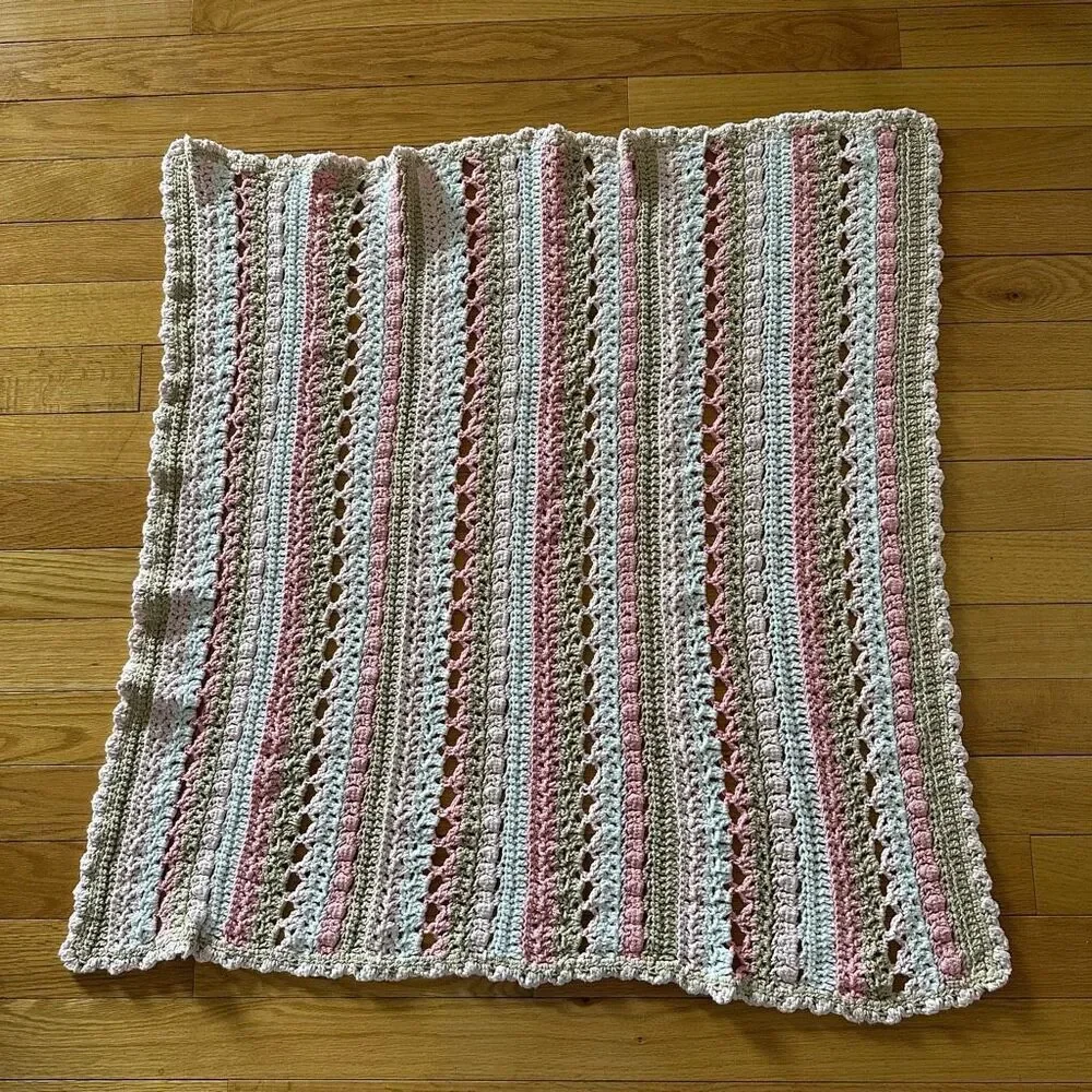 Hand Knit Baby Afghan Tan, White & Pink